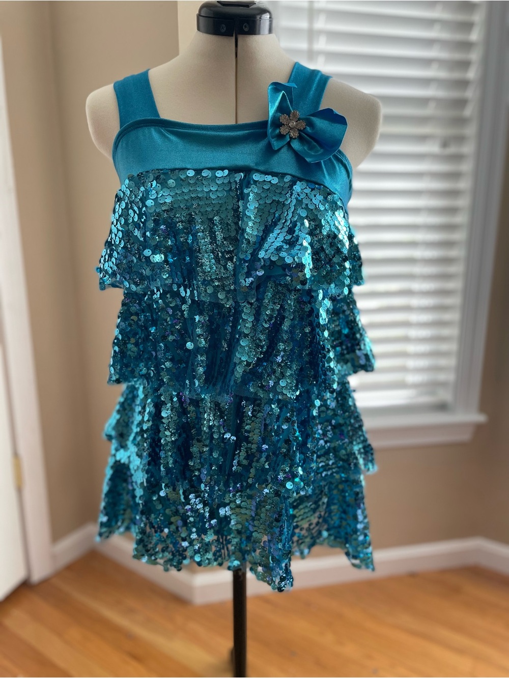 Curtain Call- Women’s Teal Sequin Tiered Costume with Flower Accent